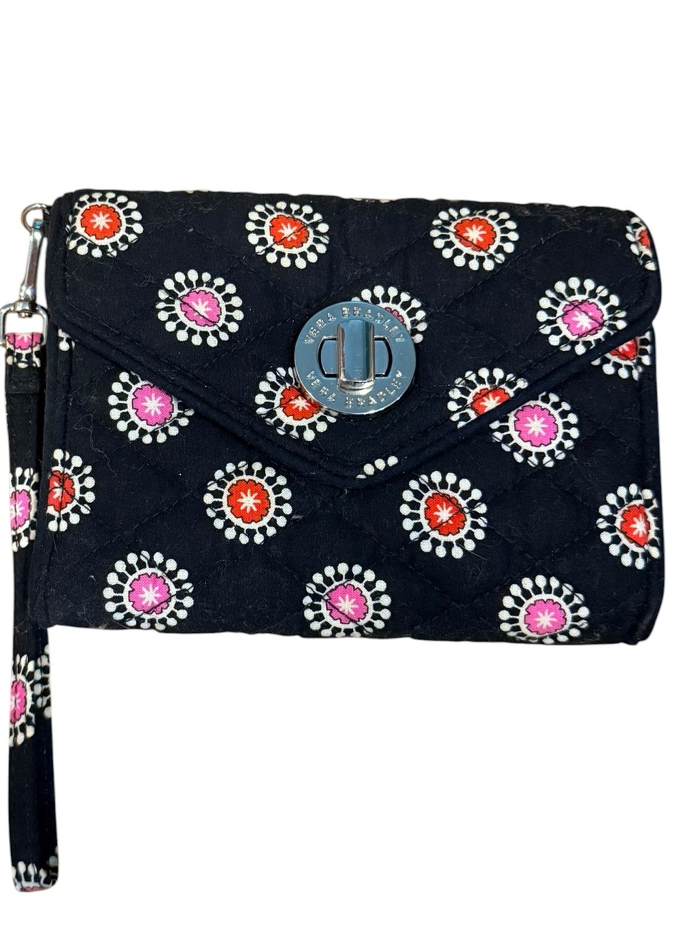 Vera Bradley Parisian Pom Poms Turn Lock Wristlet Wallet Black Floral Clutch - Picture 1 of 3